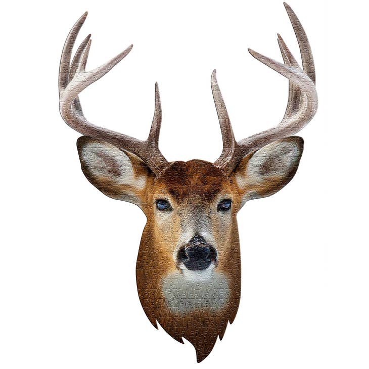 Illustration of a deer's head with large antlers on a white background, similar to the "I Am Buck" shaped jigsaw puzzle with 550 pieces.