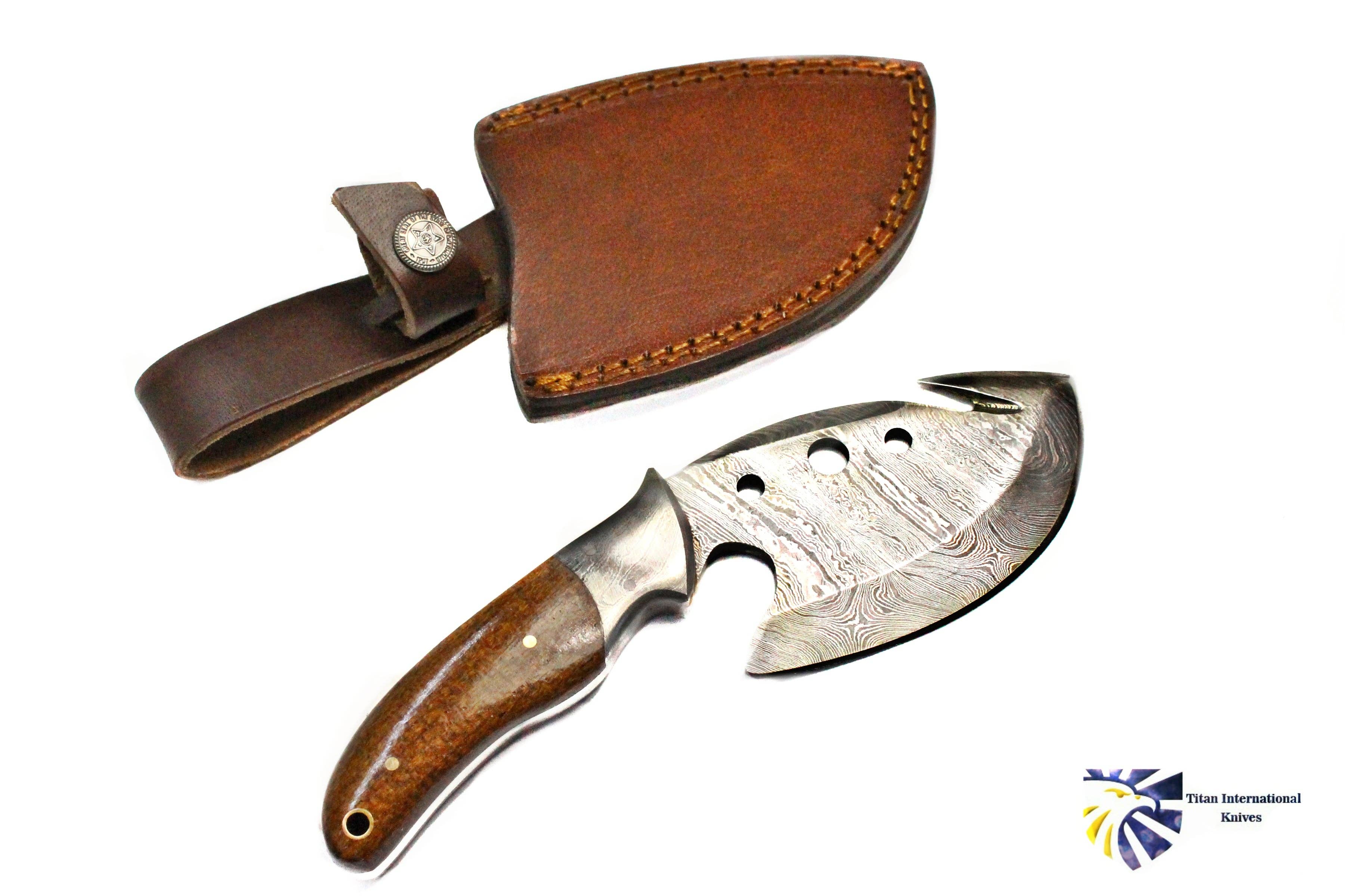 The Knife: Damascus Steel Blade - TD-025 features a curved, handcrafted 4.2-inch patterned blade with a Micarta handle and comes with a brown leather sheath. The company logo appears in the bottom right corner.