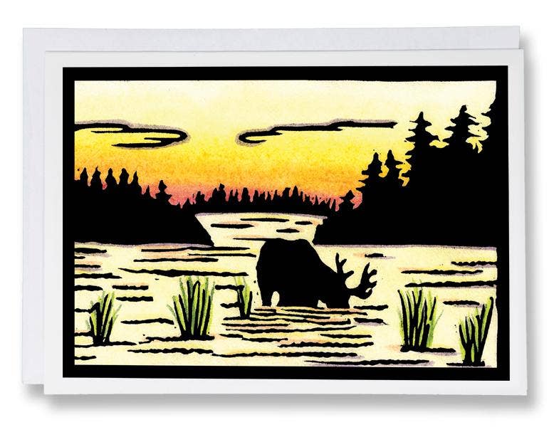 A moose stands in water at sunset among grasses, trees, and clouds—capturing the spirit of Card: Evening Drink Moose by Sarah Angst, a 5x7 blank greeting card with envelope made in the USA.