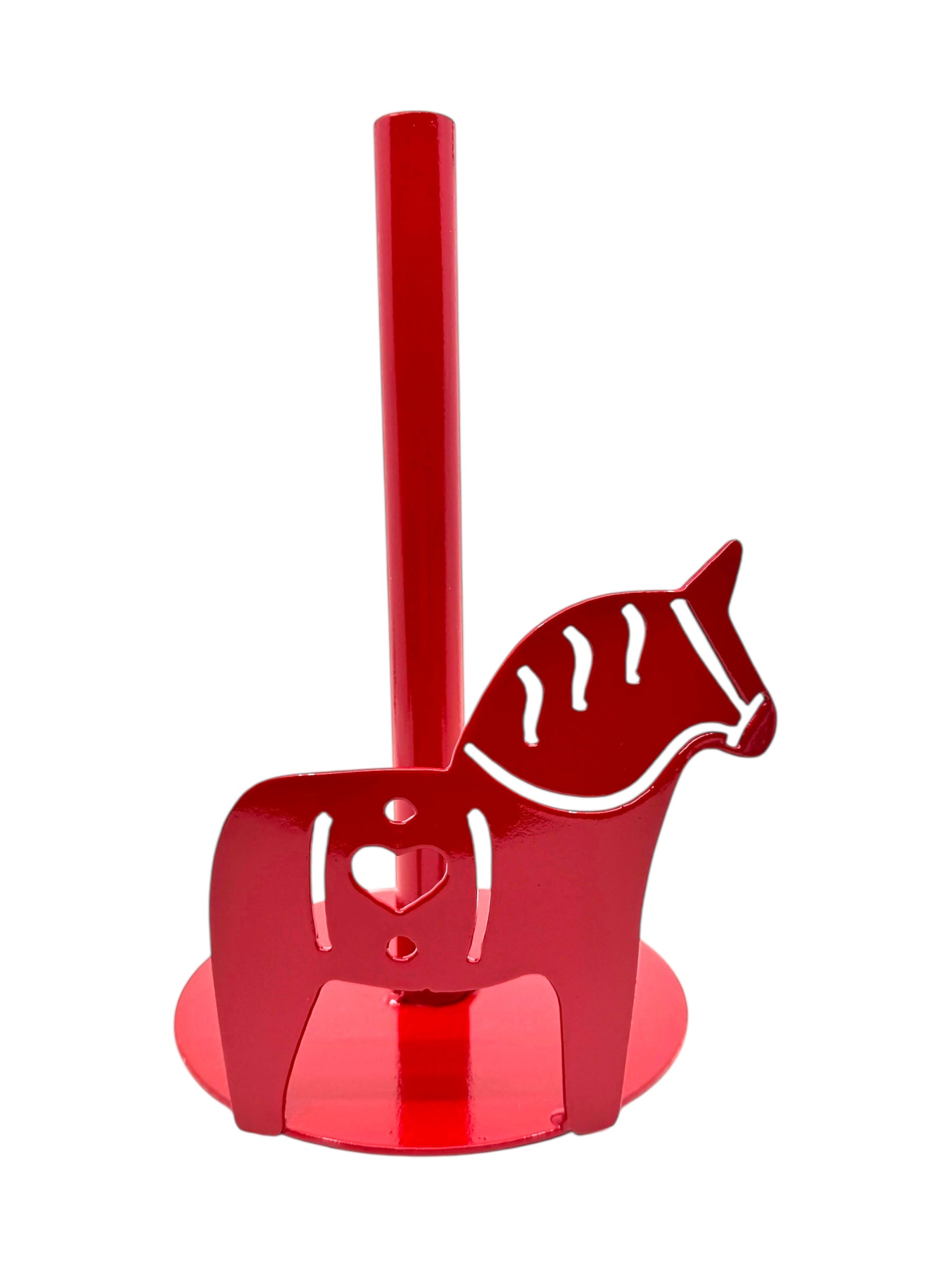 Add handcrafted Scandinavian charm to your kitchen with the Holder: Red Dala Horse Paper Towel Holder, made of laser cut metal and featuring a stylized horse at the base—a perfect Swedish decor accent.