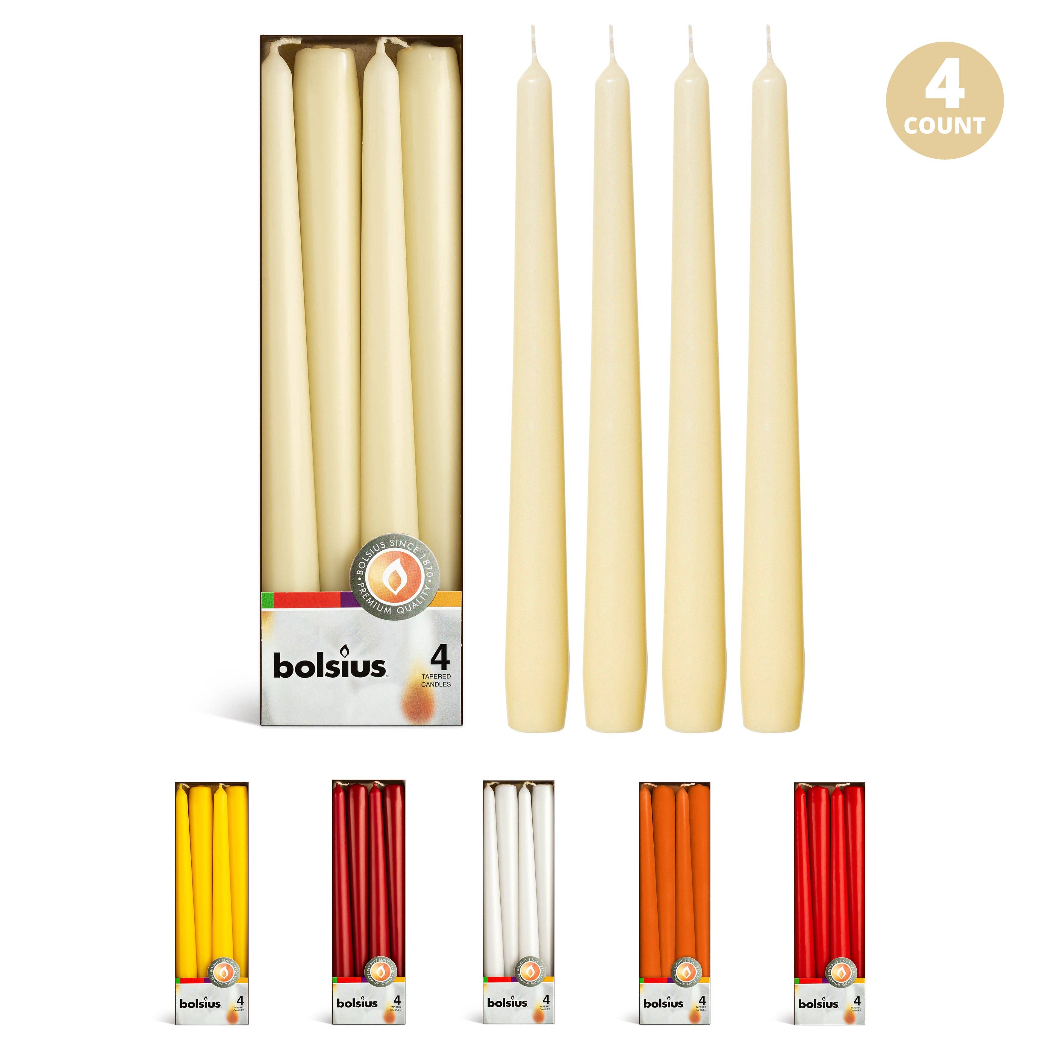 Four tall, ivory, dripless 10-inch tapers stand elegantly by their packaging displaying the Bolsius brand. Smaller images show similar unscented candles in yellow, red, white, and orange hues. The set is a 4-pack called Candles: Tall 10 Inch Taper Candles - Unscented Taper Candles.
