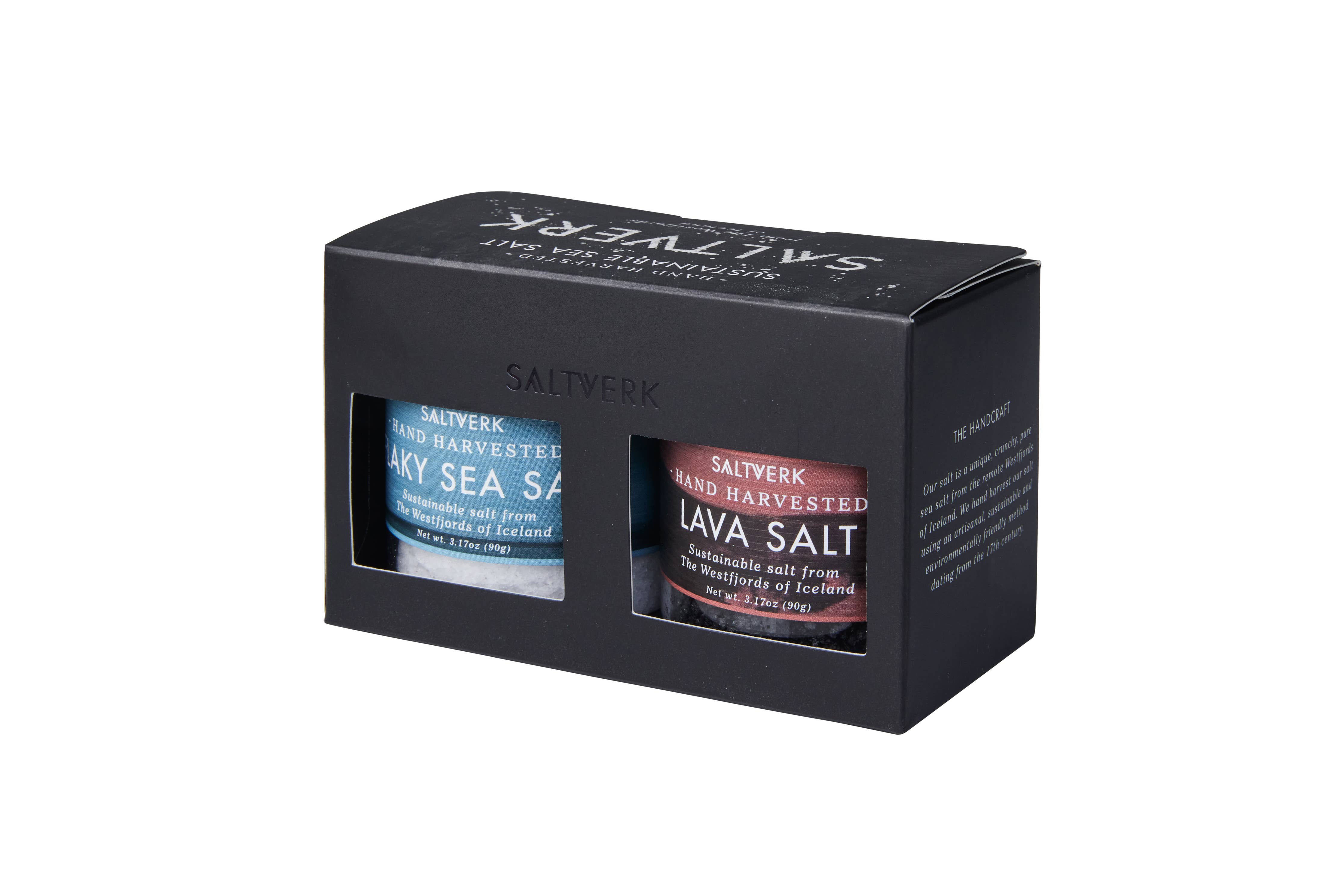 The SALTVERK Gift Set features two jars—Sea Salt and Lava Salt—of hand-harvested Icelandic sea salt, presented in a black box.