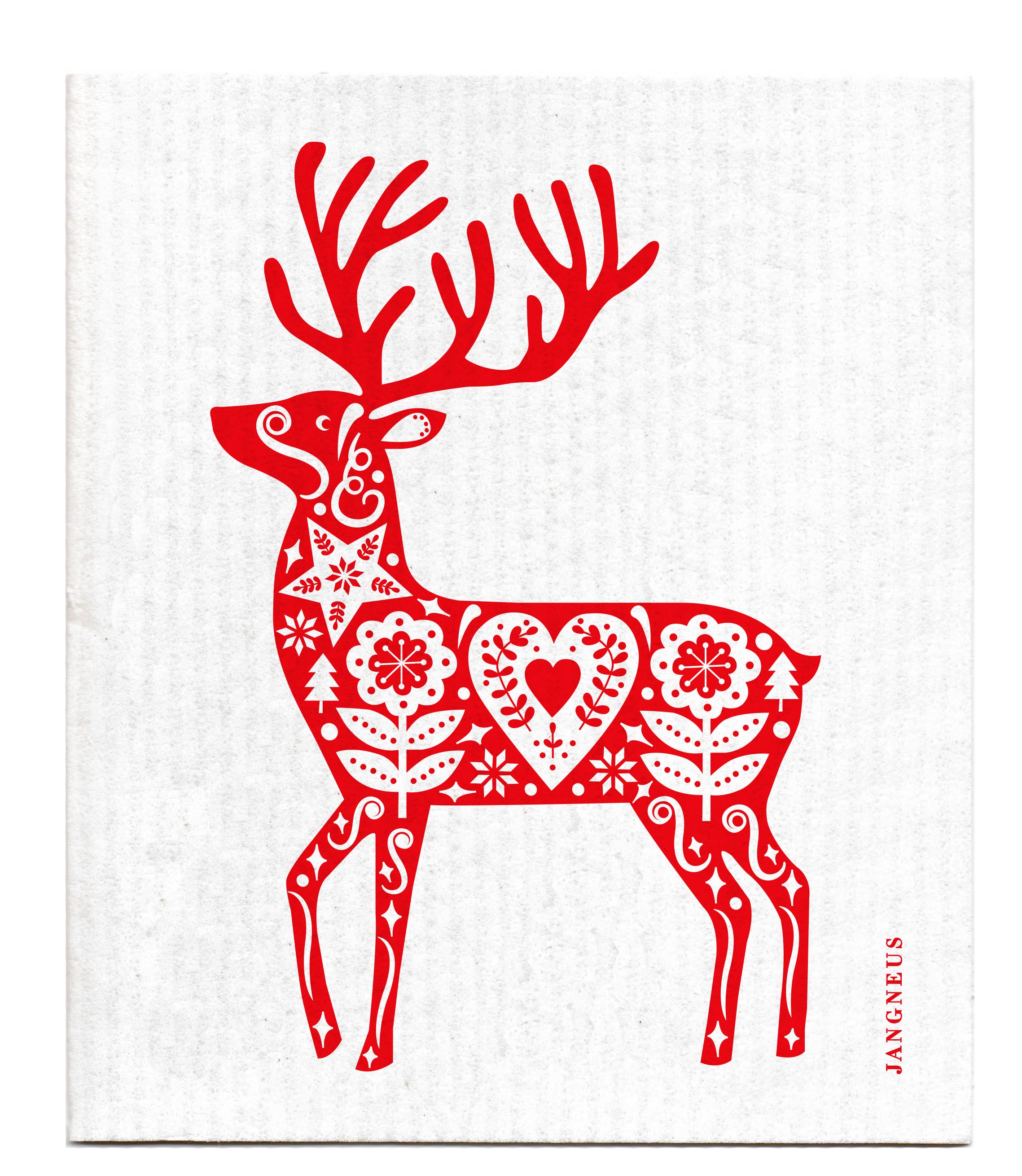 The Dish Cloth: Reindeer - Red with Swedish Folk Art features a red reindeer with white folk art designs, including flowers and a heart, on a textured white background—ideal for adding Scandinavian charm to your kitchen.