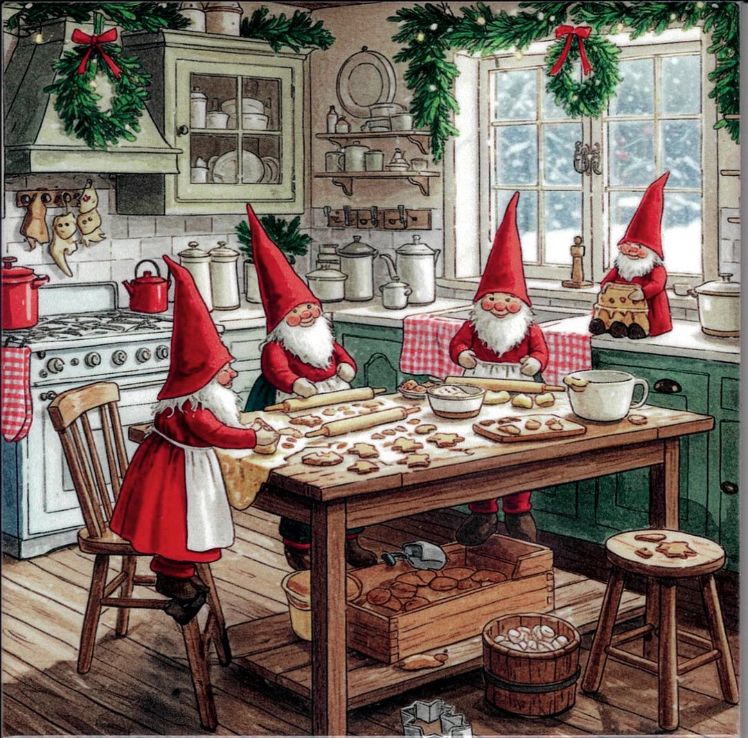 Four gnomes in red hats bake cookies in a cozy kitchen adorned with greenery and Scandinavian holiday decor, as snow falls outside. This festive scene is featured on a 6" ceramic tile: Gnomes making cookies.