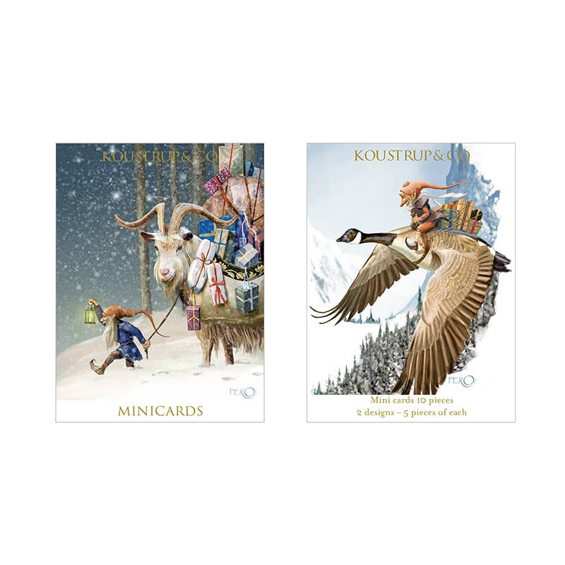 Card Pack: Christmas Jule Goat Mini-Cards – Art by Per O. Jørgensen features two Scandinavian-inspired illustrations: a gnome with a gift-laden Yule Goat in the snow and a gnome riding a large bird over snowy mountains. Perfect for Christmas greetings.