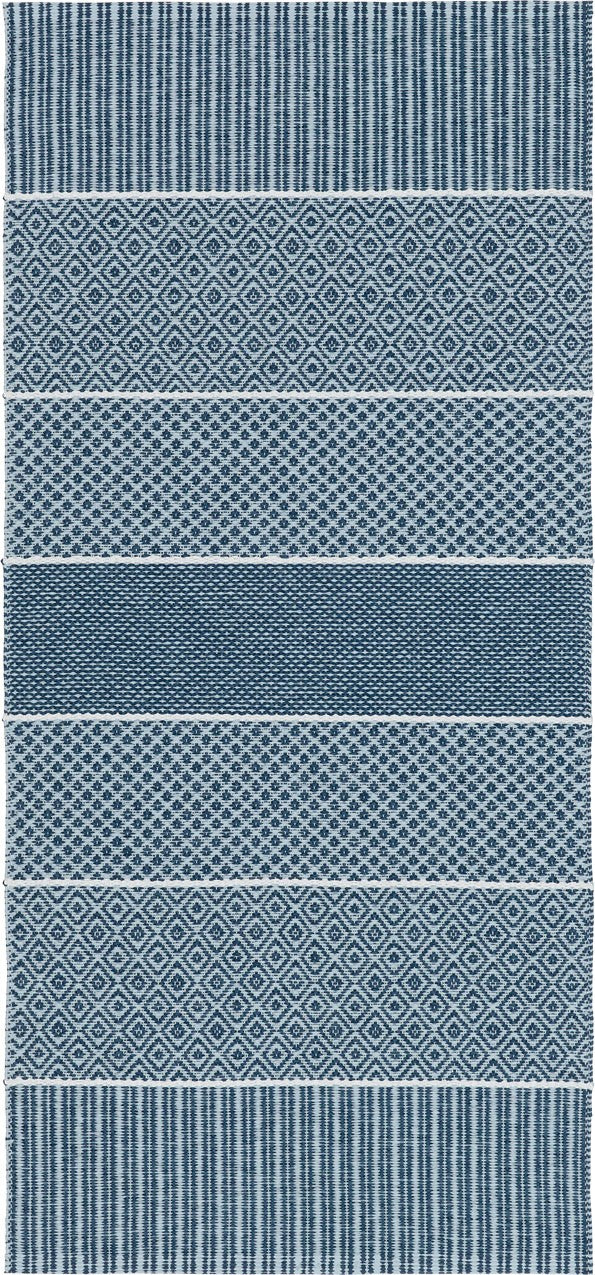 The Vinyl Rug: Horredsmattan - Alfie - Blue is a Swedish rug with a rectangular pattern featuring alternating horizontal bands of geometric designs in blue and white.