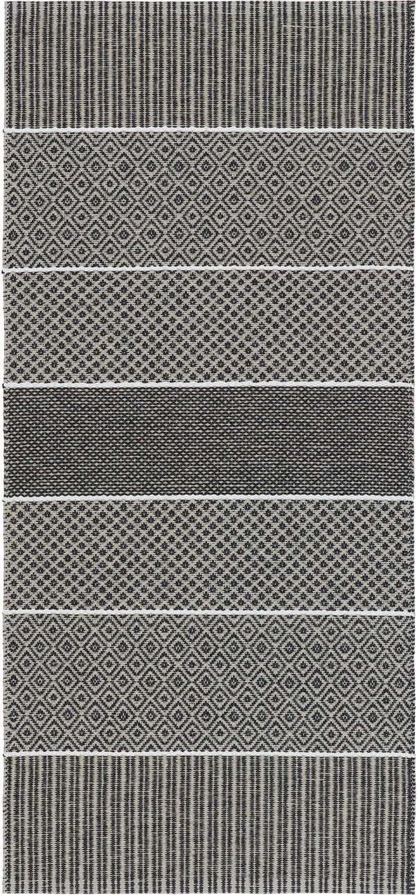 Introducing the Vinyl Rug: Horredsmattan - Alfie - Graphite, a Swedish-designed piece crafted from eco-friendly PVC. This woven rug features alternating horizontal bands with geometric patterns in black and white, highlighted by stripes, diamonds, and small checks.