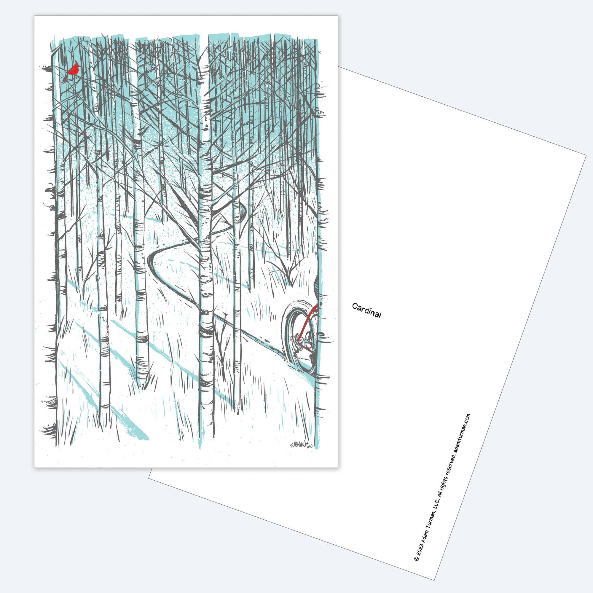 A winter forest scene inspired by Minnesota, with tall birch trees, a winding path, a red bicycle, and a cardinal, captured in the Postcards: MN Abbey Road collectible print.