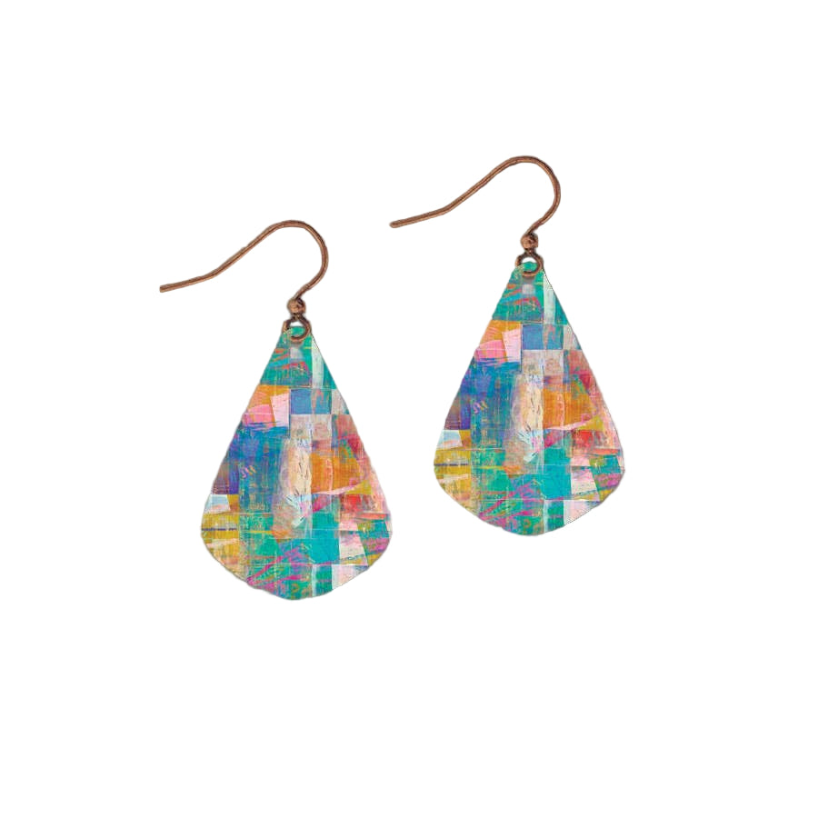 The Earrings: Mosaic Abstract Short Drop Handmade Earrings feature teardrop shapes with multicolored geometric patterns and copper hooks, displayed against a gradient background.