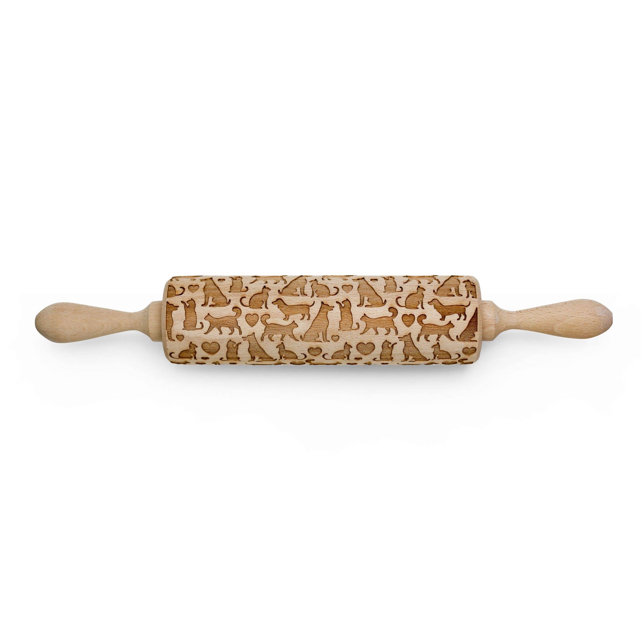 The handmade Pet Love Embossing Rolling Pin comes with charming engraved cat and dog patterns.
