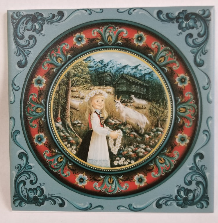 The 6 square tile, Norwegian Rosemaling with Margit and Her Goats, features Margit in traditional dress with goats, sheep, a cabin, and mountain background, framed by a decorative Rosemaling border. Includes cork backing and hanger.