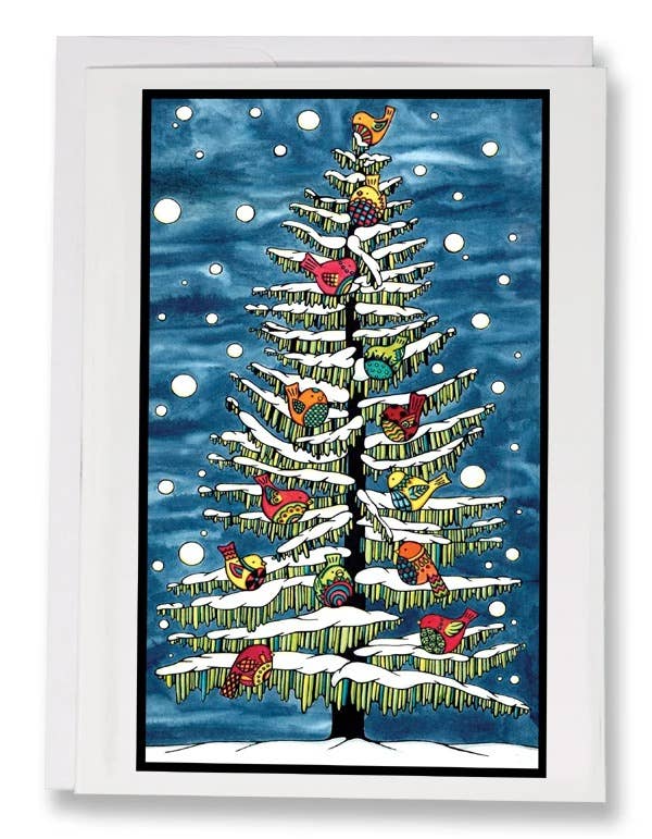 Illustration of a snow-covered evergreen tree with colorful birds against a snowy night sky. The 5x7 "Holiday Birds in Snow" Greeting Card by Sarah Angst comes with an envelope and is blank inside for your personal message.