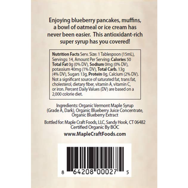Label of Summer Favorites Blueberry Maple Syrup bottle (6.8 oz) includes nutrition facts, organic ingredients, and producer details. This antioxidant-rich syrup also features a QR code and website link for further information.