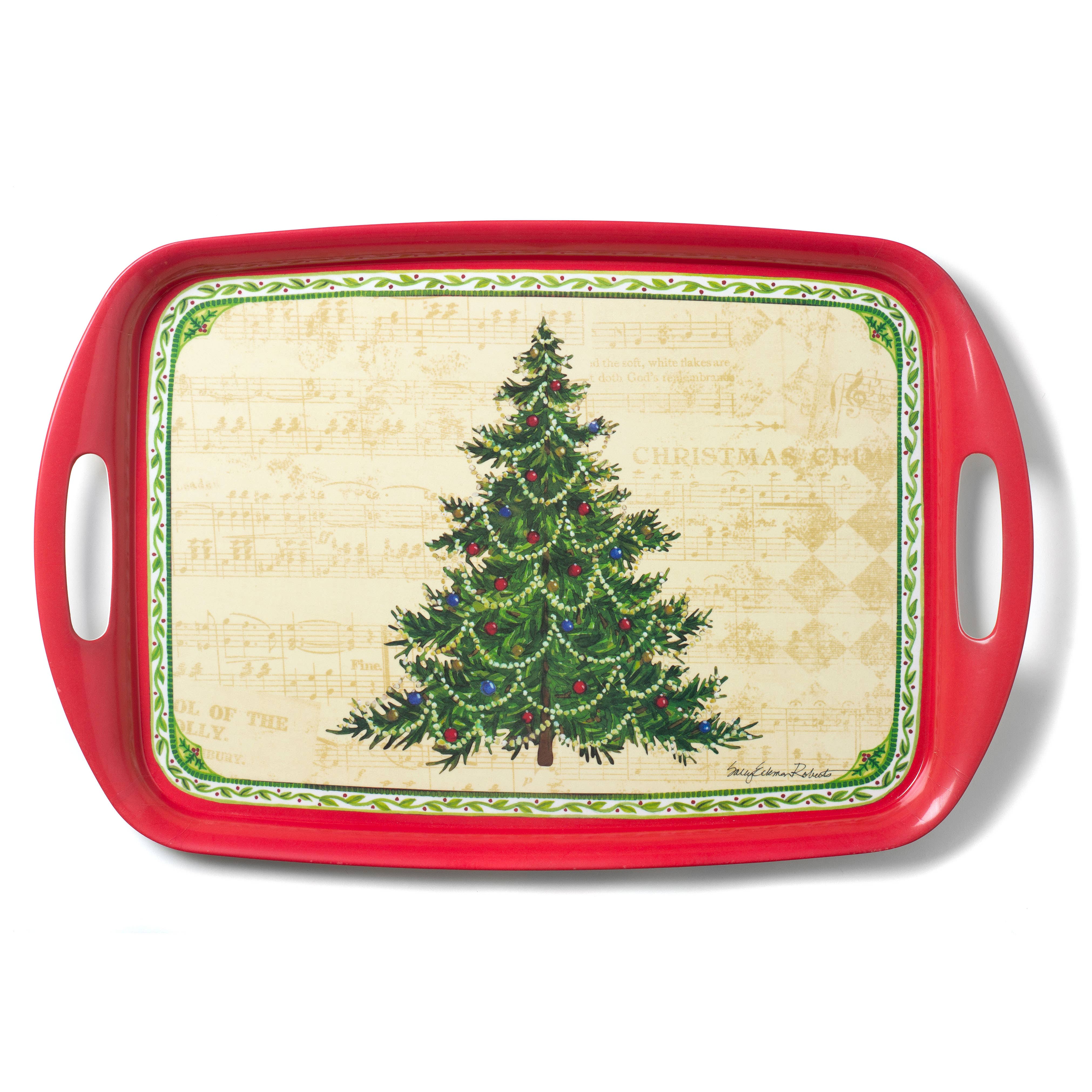 The Tray: Merry Christmas Tree Bamboo Serving Tray/Hostess Gift is a red rectangular bamboo tray with handles, featuring a sheet music background and Christmas tree illustration—an eco-friendly and festive holiday gift.