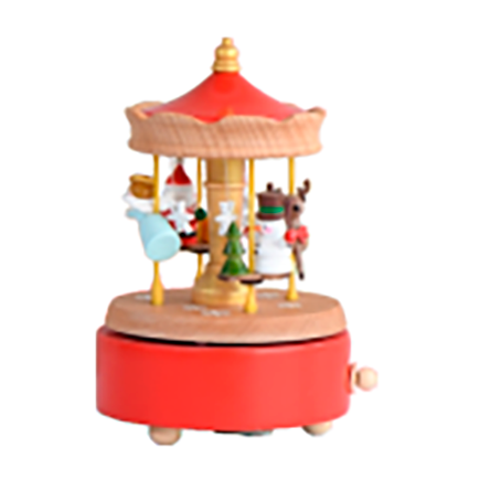 Small red Christmas music box with a wooden carousel on top, showing Santa, a snowman, and a reindeer, pictured against a white background.