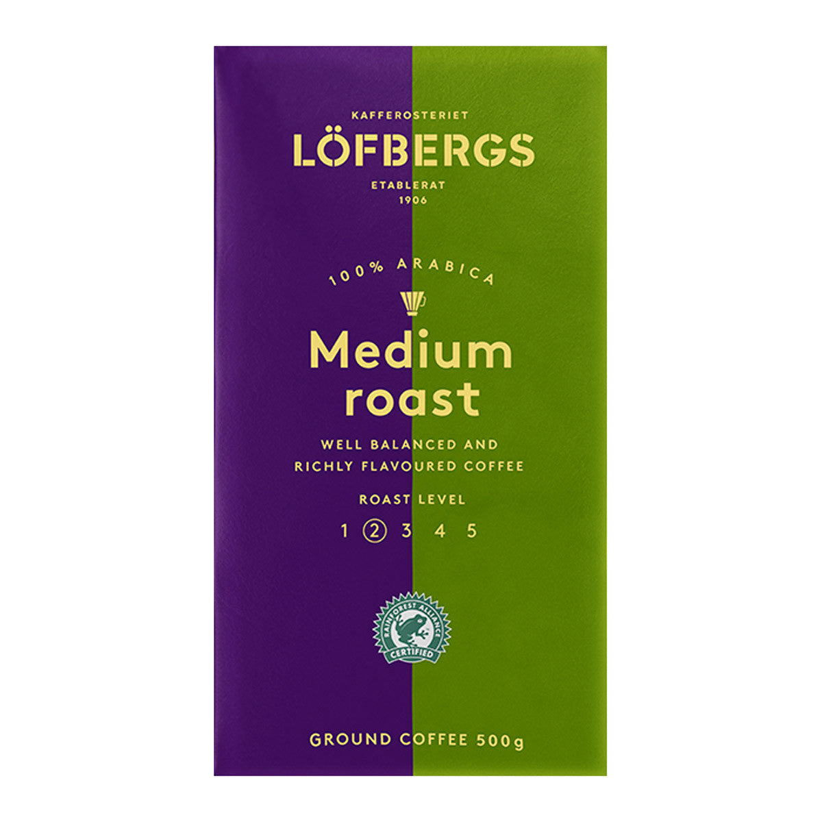 Purple and green Lofbergs Medium Roast Coffee bag, made from 100% Arabica beans with a roast level of 3 out of 5. It is Rainforest Alliance-certified for sustainability and weighs 17.6 oz (500g).
