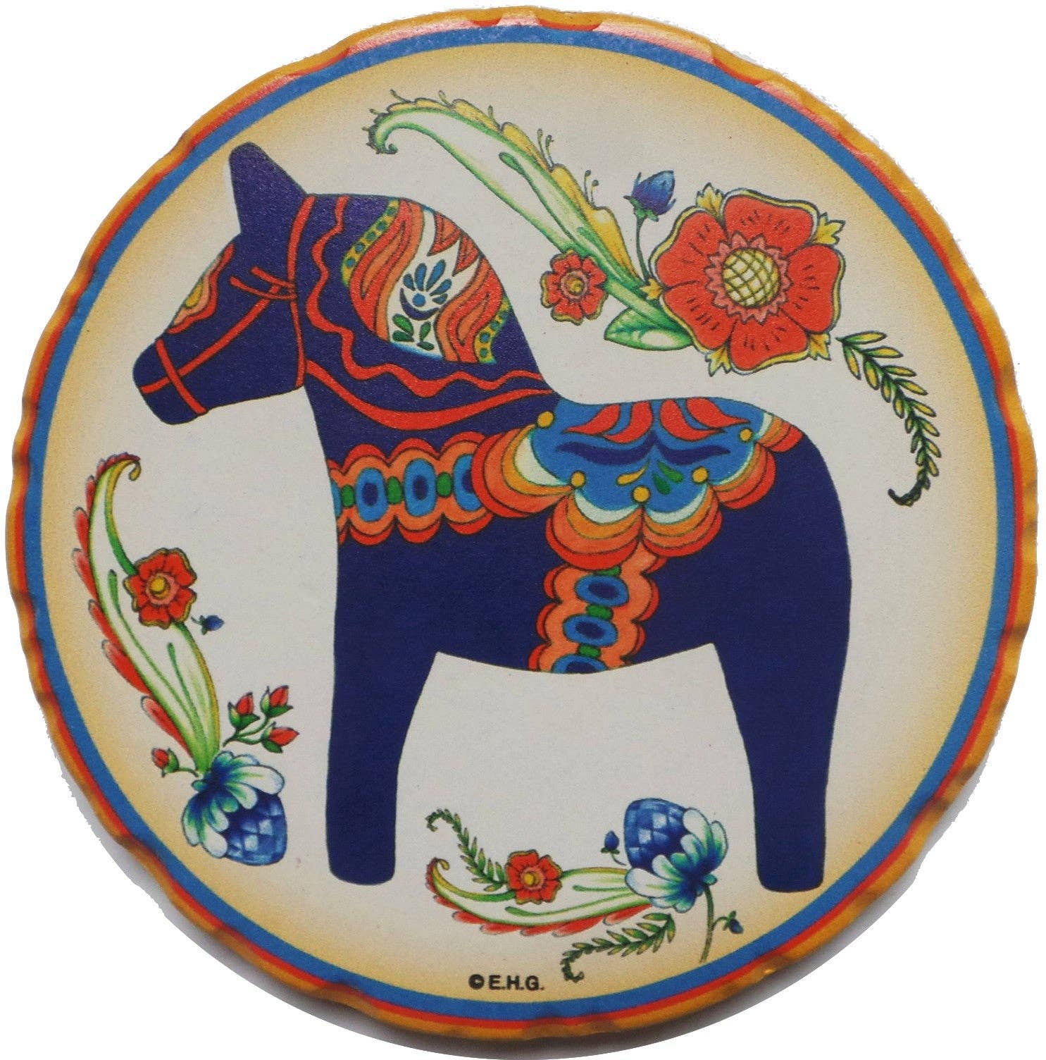 The Coaster: Blue Swedish Dala Horse features a vibrant illustration of a blue Dala horse with decorative red and orange patterns, surrounded by floral designs in red, green, and blue on a round beveled tile with cork backing.