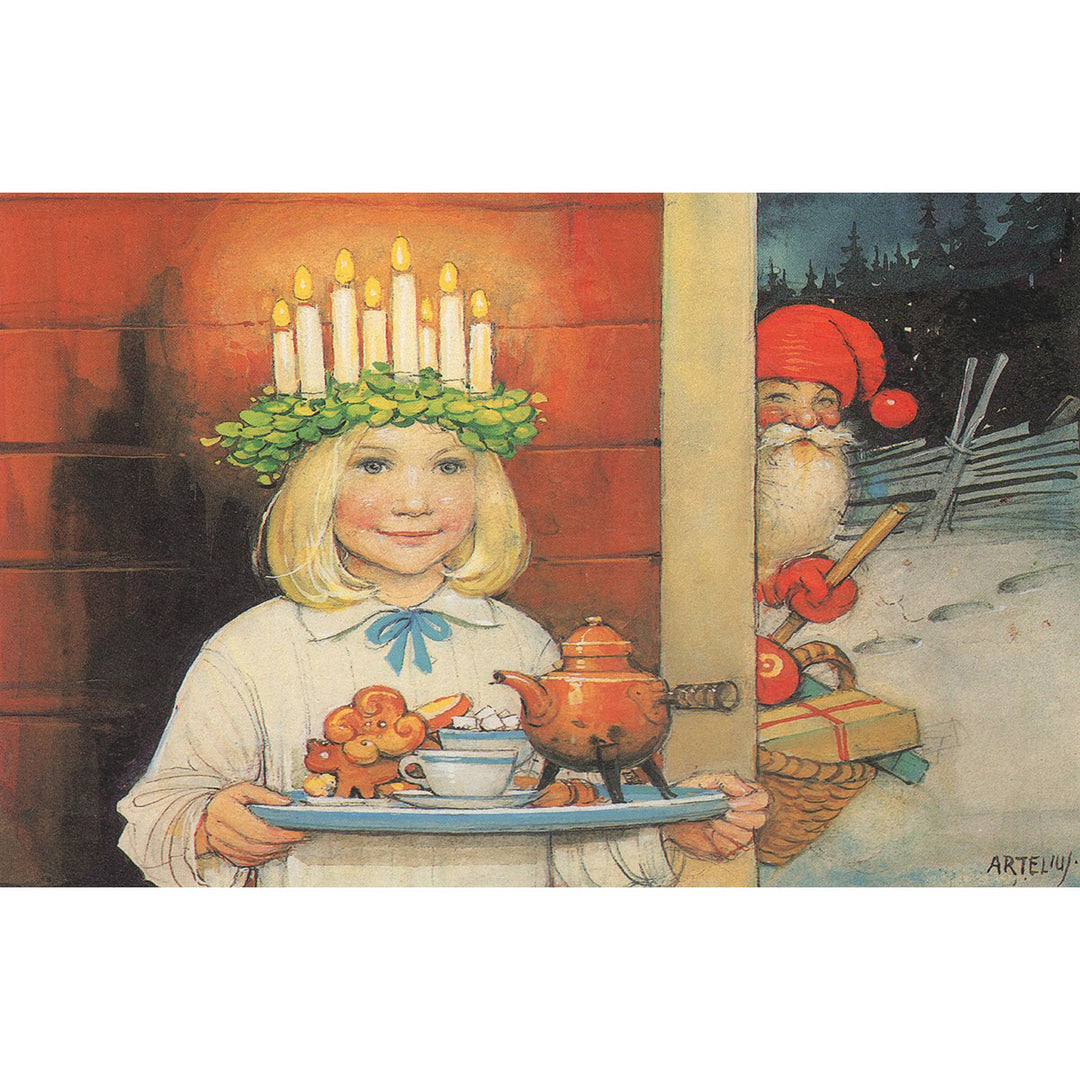 A girl, adorned with a candle crown that evokes the tradition of Saint Lucia, carries a tray of tea and pastries while a man dressed as Santa peeks around the door, enhancing the festive spirit—a perfect illustration for holiday cards. Available in the Card Pack: St Lucia (Saint Lucia).