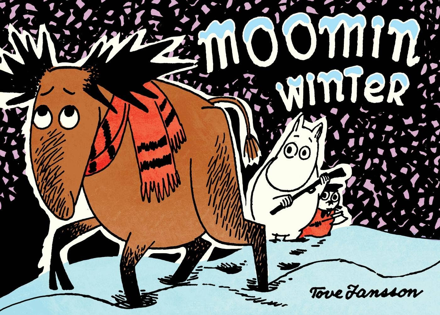 Illustration inspired by Book: Moomin Winter by Tove Jansson, featuring a large brown animal in a red scarf guiding two white creatures through snow, evoking the style of a classic comic book cover.