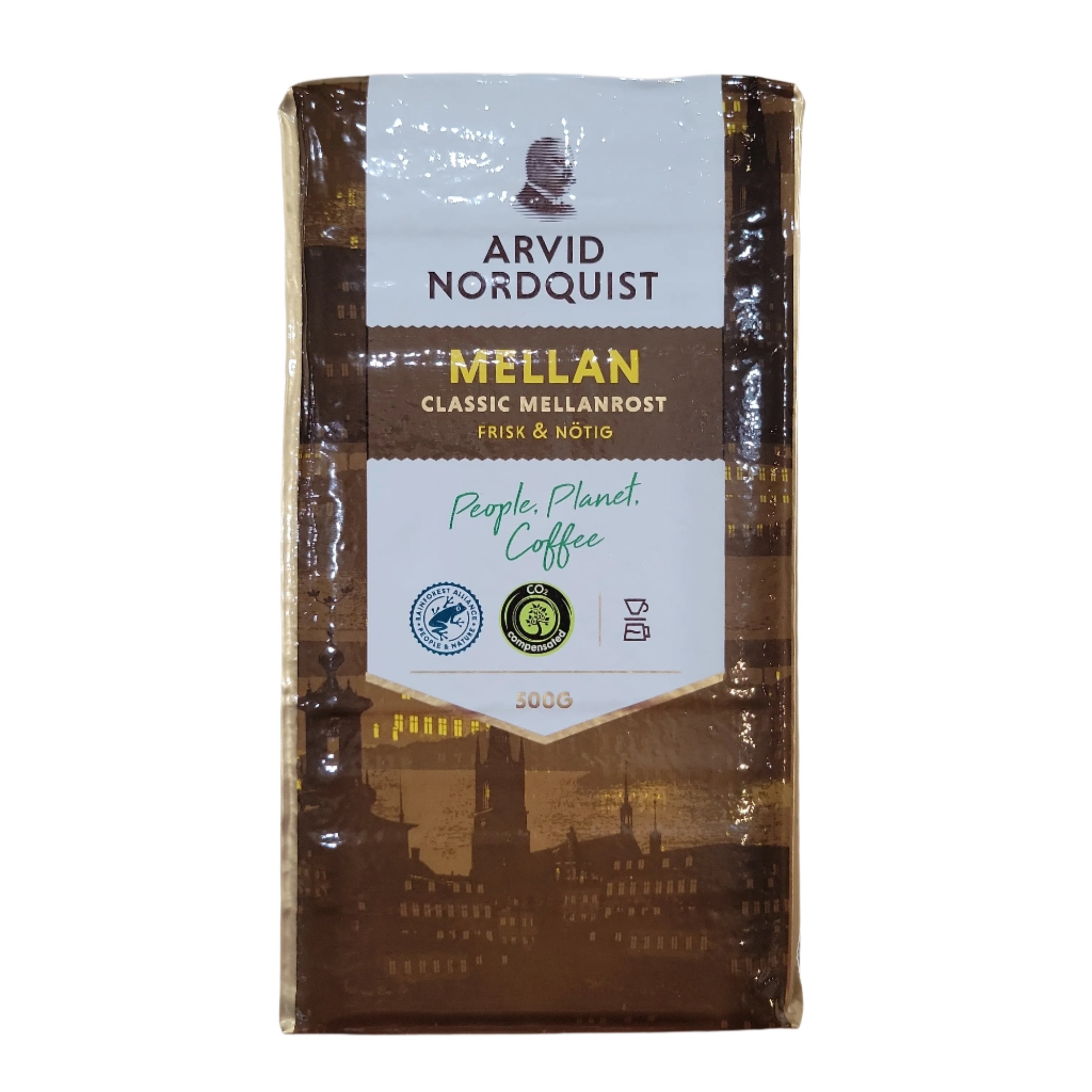 A 17.6oz package of Arvid Nordquist Classic Mellanrost Ground Coffee, made with 100% Arabica beans and certifications, featuring People, Planet, Coffee on the front. This Swedish coffee is medium-roasted for a delightful experience.