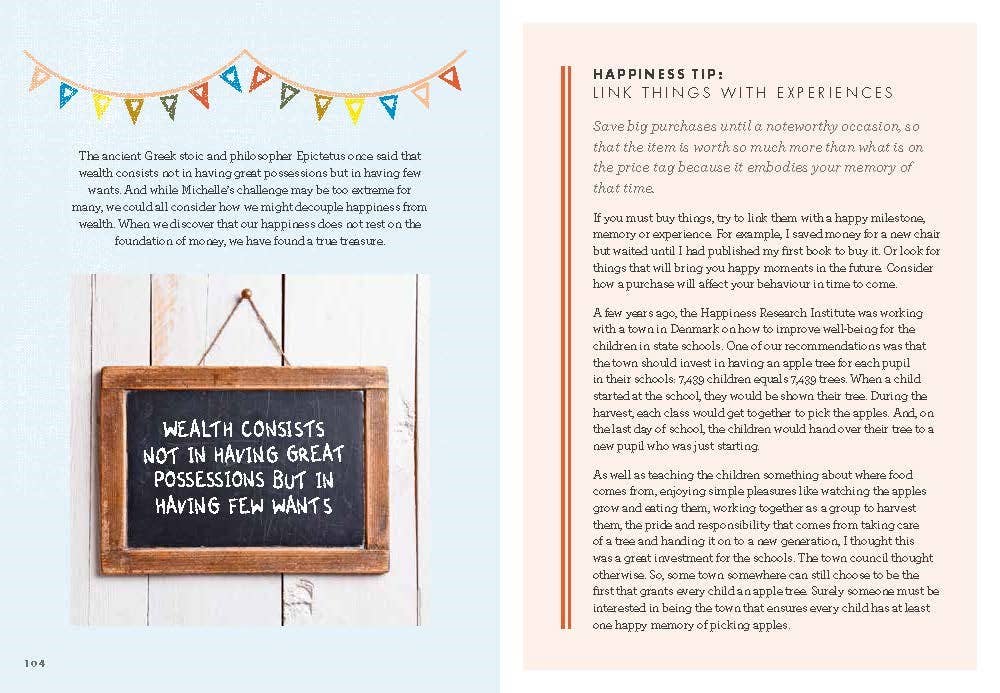 A chalkboard displays the quote “Wealth consists not in having great possessions but in having few wants”; next to it, a happiness tip appears inspired by Meik Wiking’s Book: Little Book of Lykke.