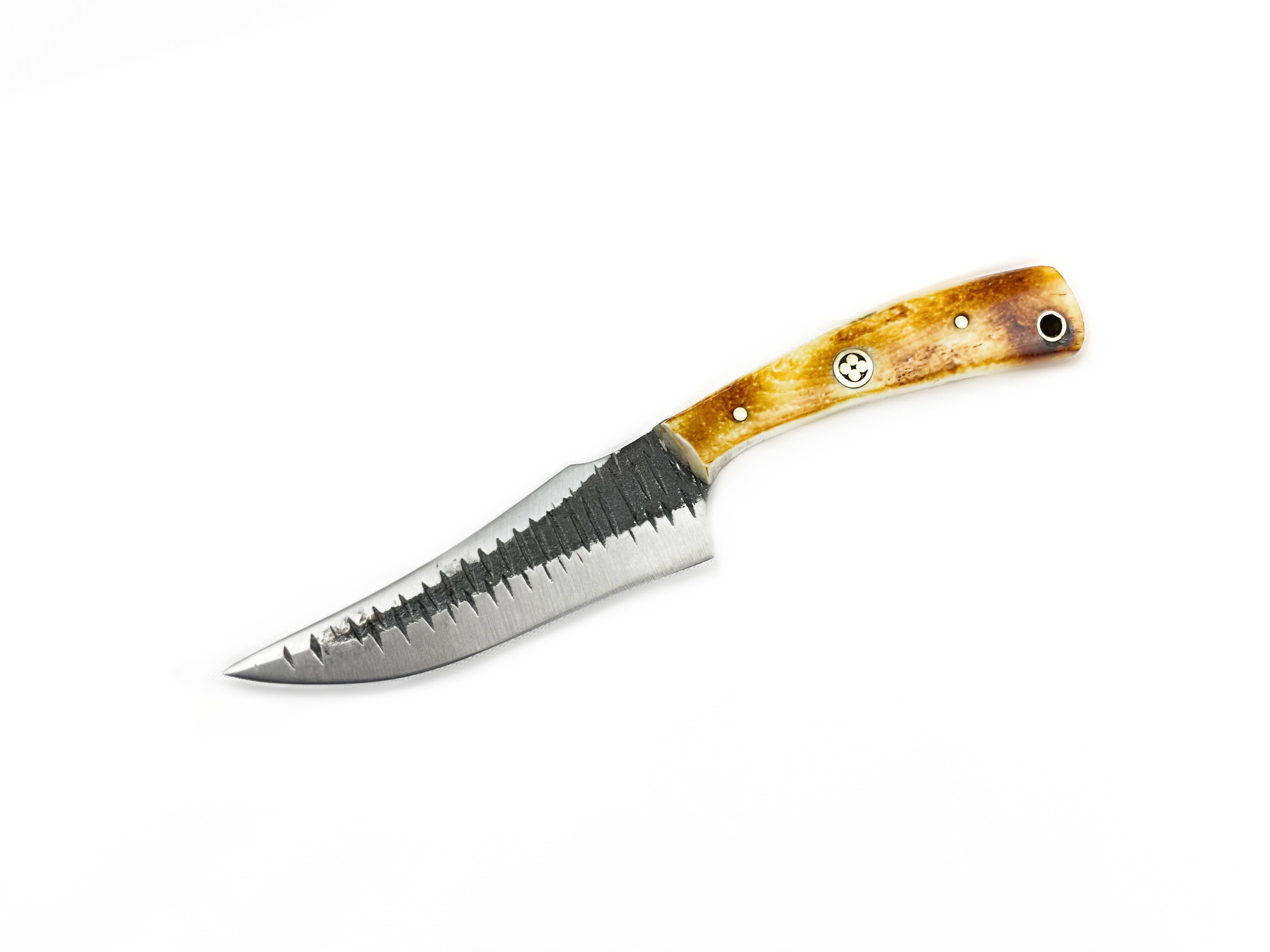 The Knife: Carbon Skinning/Hunting Knife features a high carbon steel blade with a serrated edge and a wooden handle, pictured against a white background.