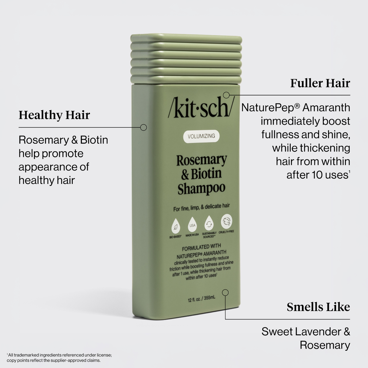 A green 12oz bottle of Kitsch Hair: Volumizing Rosemary & Biotin Shampoo, offering fuller, healthier hair with a sweet lavender and rosemary scent.