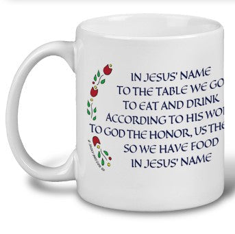 White 11 oz ceramic coffee mug featuring the Norwegian Table Prayer in both Norwegian and English, with red and green Scandinavian accents. Perfect for enjoying drinks with a meaningful blessing.