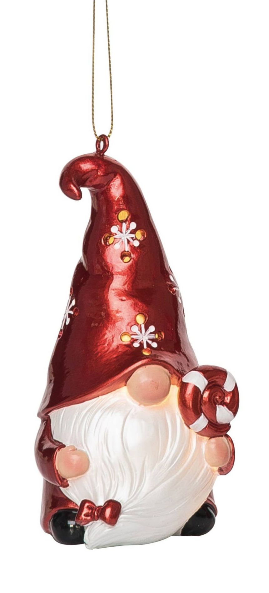 Brighten your tree with the Ornament: Christmas Light-Up Gnome Ornament—Resin, 5.3 tall—featuring a red hat with snowflakes, a candy cane, and gold string for hanging. A charming Scandinavian-inspired holiday décor piece!.