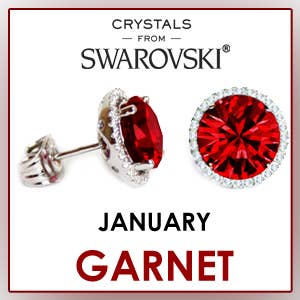 Handmade silver solitaire stud earrings featuring garnet red Swarovski crystals, elegantly representing the January birthstone.