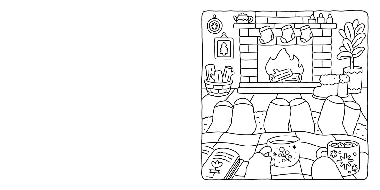 Relax with the "Coloring Book: Fuzzy Hygge Cute and Cozy Coloring Book" by Vivi Tinta (Penguin Random House LLC)—featuring a cozy top-down scene with three people’s feet, fireplace, stockings, logs, a plant, snowflake mug, and open book.