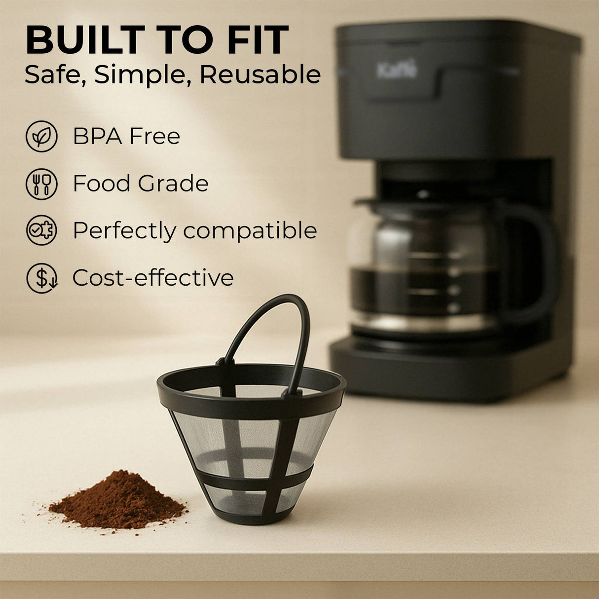 The Kaffe Universal Permanent Coffee Filter—a reusable, BPA-free, food grade mesh filter with a handle—sits by ground coffee and a 5-cup maker, showcasing compatibility and cost-effectiveness for 5-cup coffee brewers.