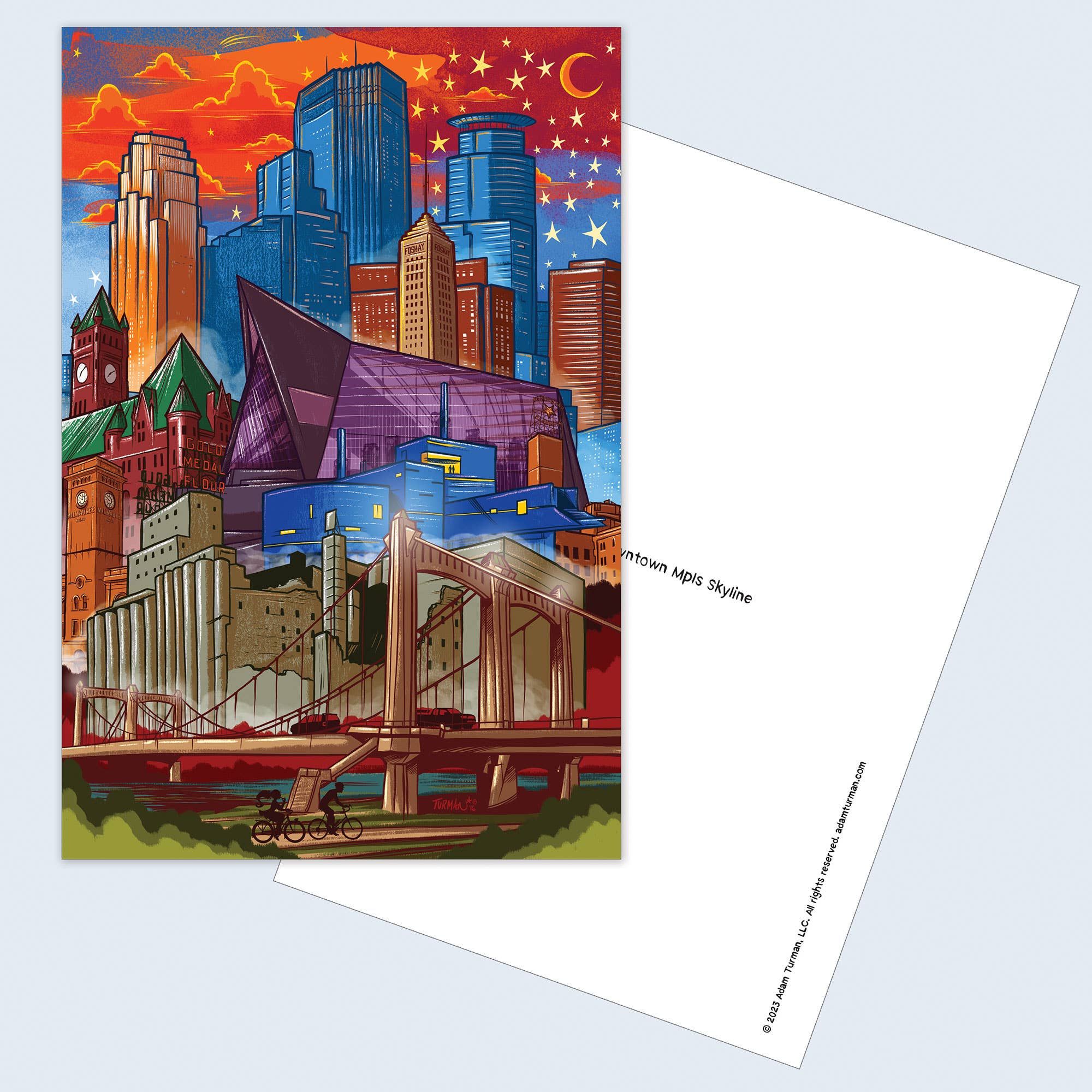 Vibrant illustration of a city skyline with historic and modern buildings, bridge in the foreground, and colorful sky—perfect for collectors or as a Minnesota keepsake. Product: Postcards: MN Abbey Road.
