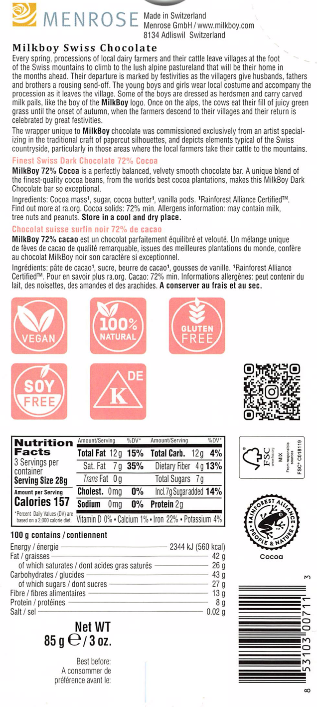 Back of a MilkBoy Finest 72% Cocoa Dark Chocolate 3 oz bar showing product description, ingredients, nutrition facts, company info, and storage instructions in multiple languages. Features rich Swiss chocolate.