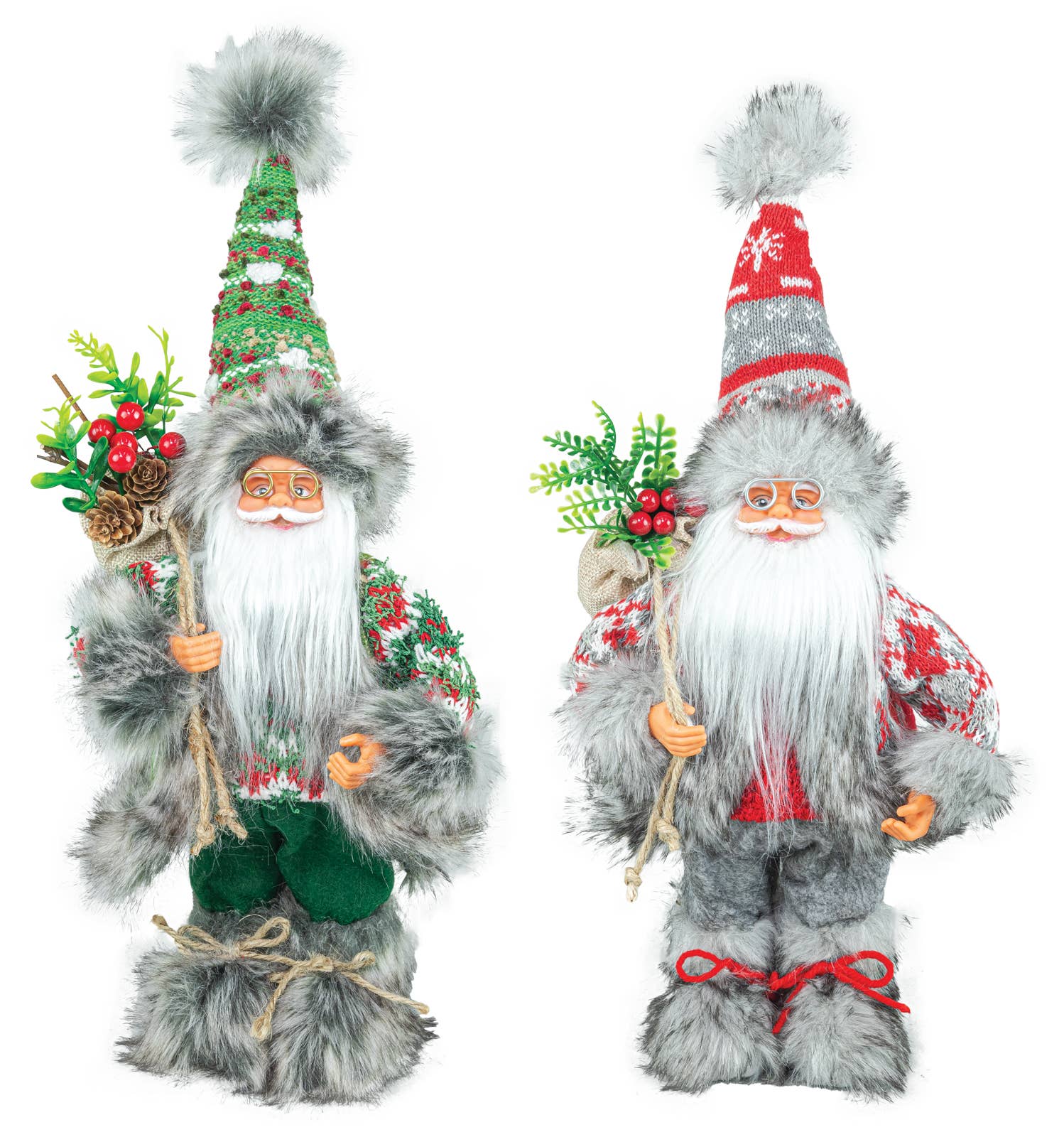 Two Gnome: BACKWOODS SANTA STANDER figurines, each 16 tall with white beards and furry boots, wear festive red or green outfits and hold small branches—capturing charming Scandinavian Christmas style.