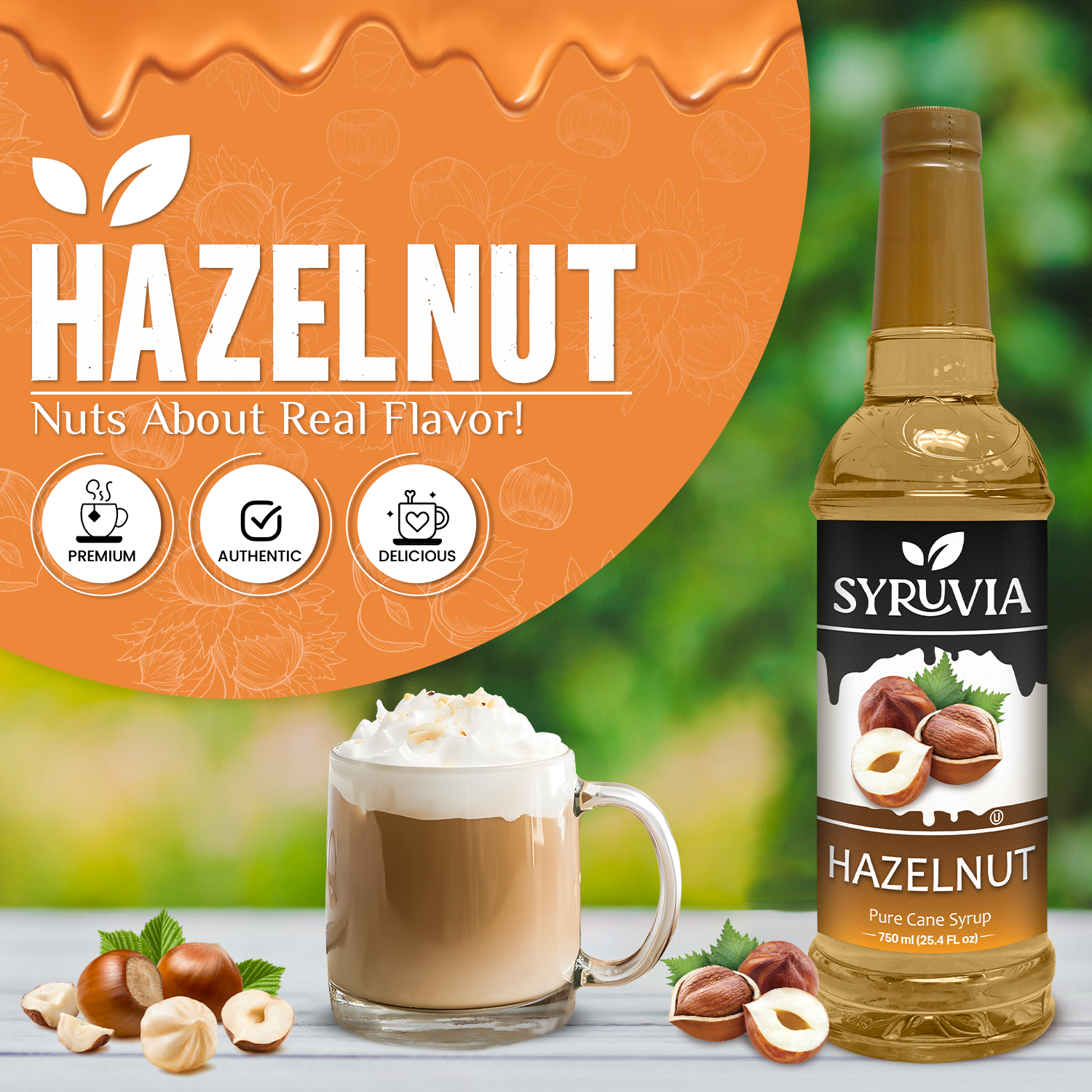A bottle of Syruvia Hazelnut Coffee Syrup with Pure Cane Sugar stands next to a glass of hazelnut coffee topped with whipped cream, surrounded by hazelnuts, with promotional text and gluten-free icons in the background.