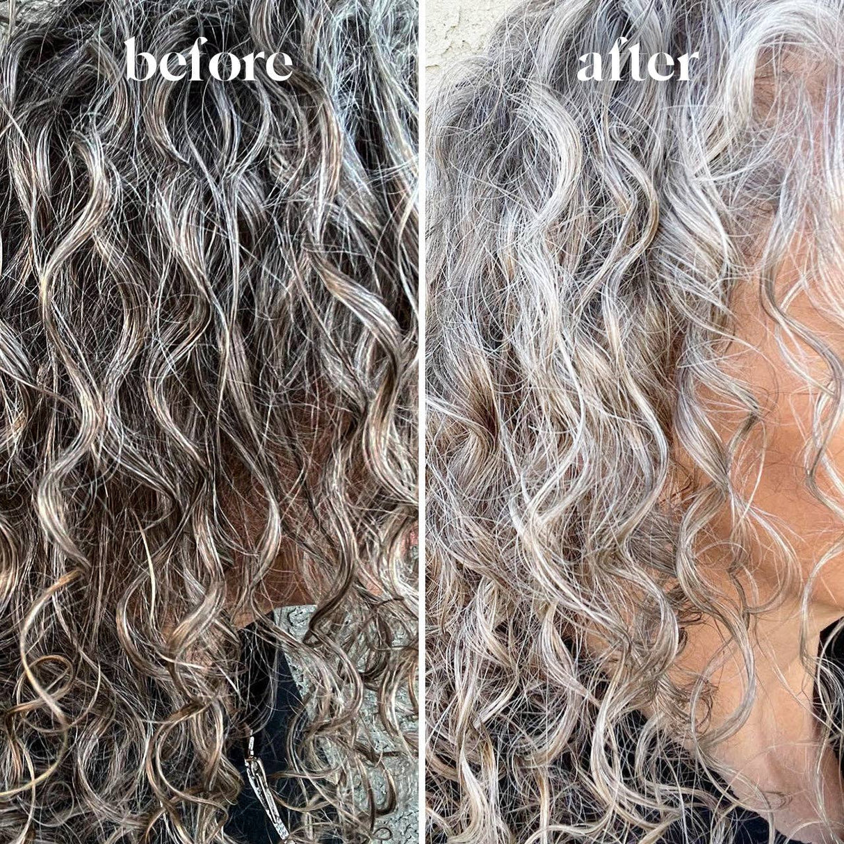 Side-by-side close-up of curly, color-treated hair labeled before and after using Kitsch Hair: Purple Toning Shampoo & Conditioner Bar Combo; the after hair looks smoother, shinier, and more defined.