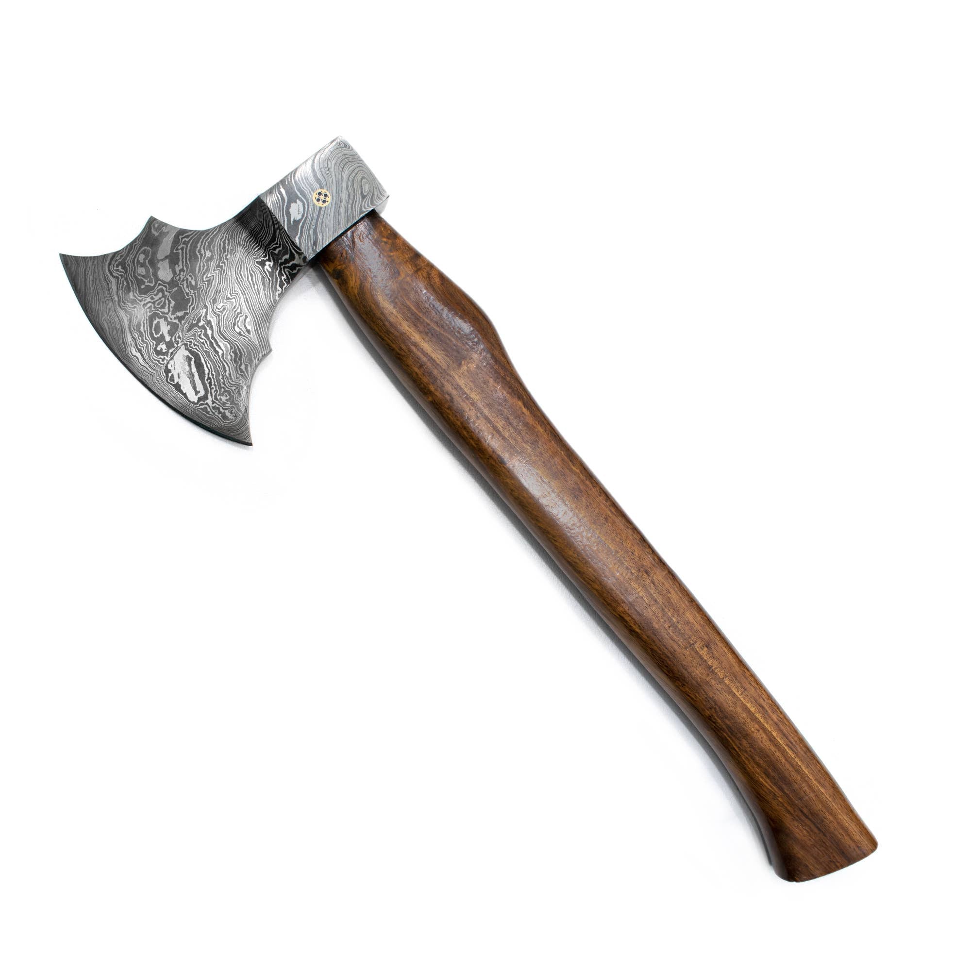 The Axe: Damascus Steel All Around Camping Knife features a patterned Damascus steel blade and a polished wooden handle, displayed on a white background.