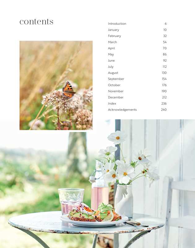 The book "Scandinavian Year" by Bronte Aurell features a contents page with a butterfly on a flower and, below, a table with Nordic food and white flowers by an open door.