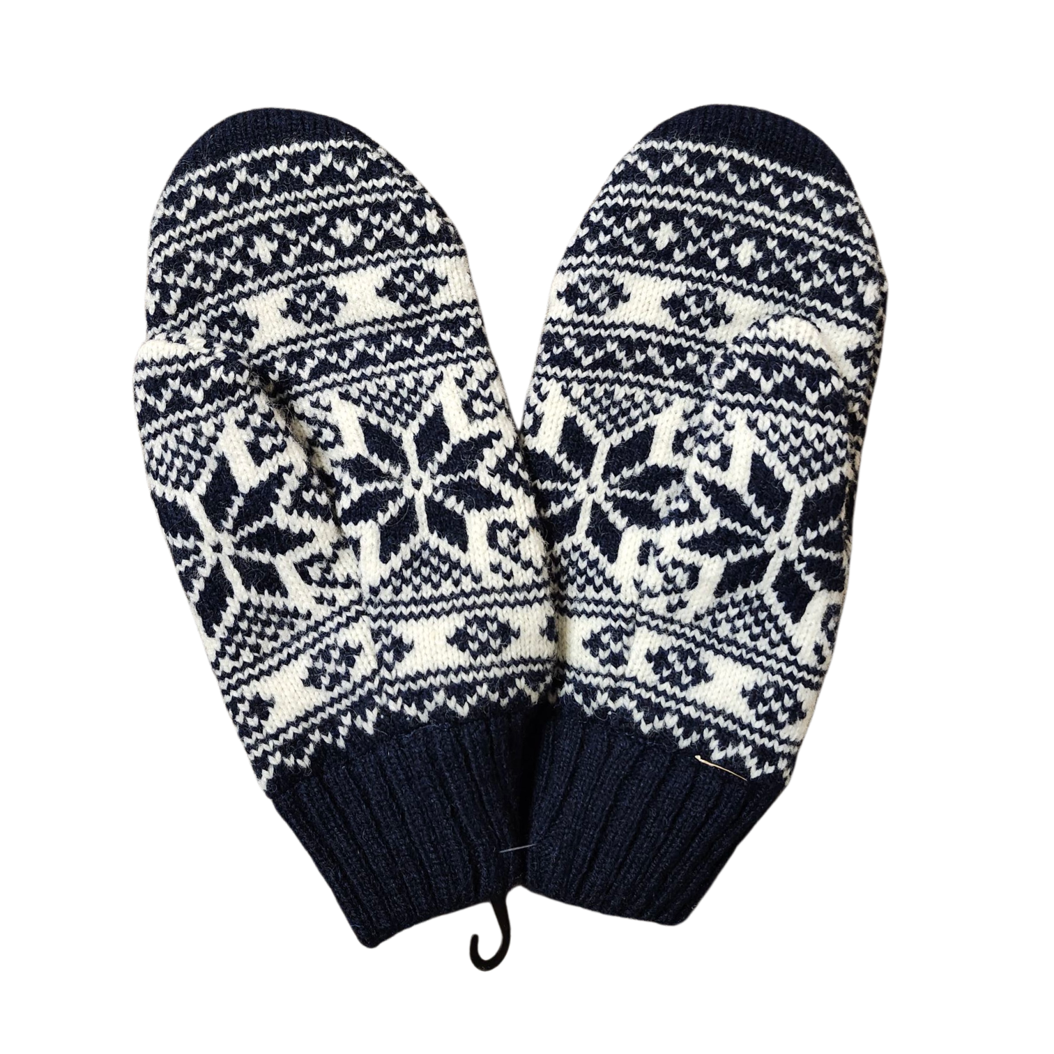 A pair of navy Norwegian Selbu Star Knit Mittens by Nordlys of Norway, featuring classic Scandinavian geometric and snowflake patterns and joined at the cuffs.