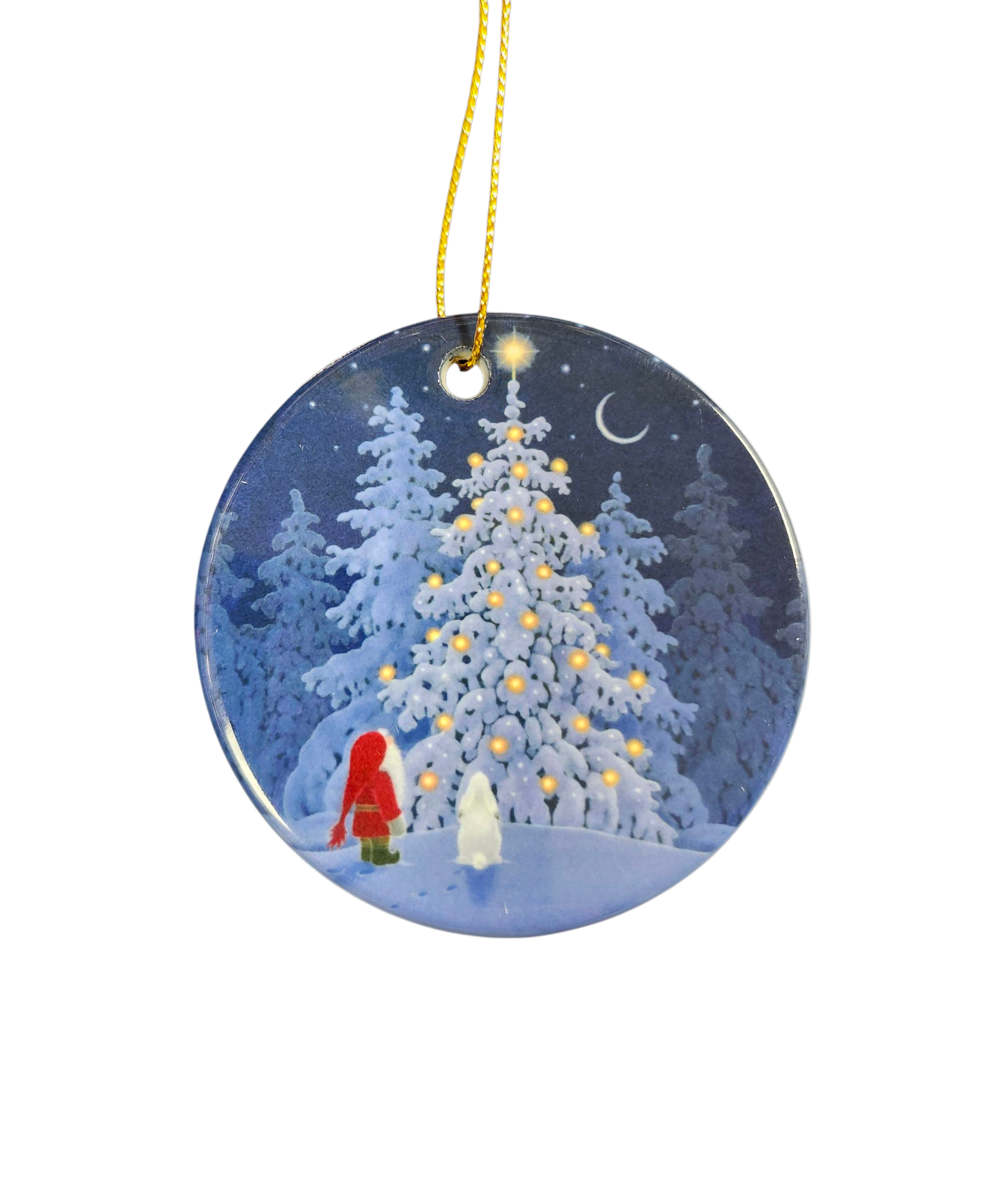 Ornament: Eva Melhuish Tomte and Rabbit Admiring Light up Tree—Scandinavian-inspired round ornament with a snowy night scene, crescent moon, Tomte in red coat, white rabbit, pine trees, and a decorated tree. Inspired by Eva Melhuish’s festive art.