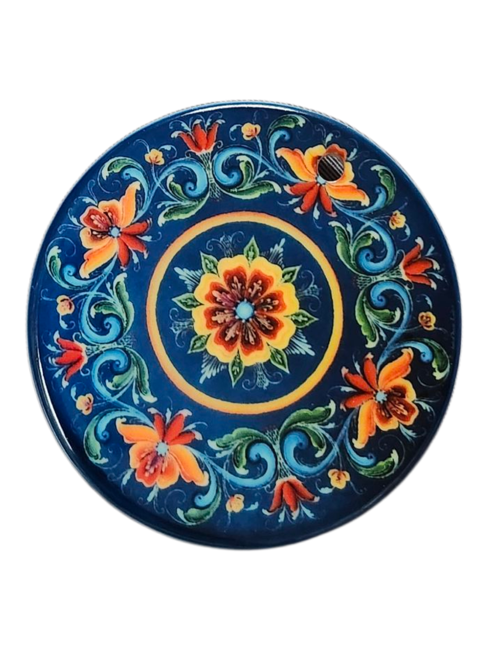 The Ornament: Lisa Lorentzen Ceramic Blue Rosemaling Ornament features a round ceramic shape with a blue background, showcasing vibrant floral and scroll designs in red, orange, green, and yellow for eye-catching décor.