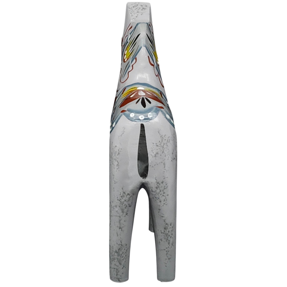 Front view of the Dala Horse: "Love Horse" Karlekshast 13cm, a gray ceramic animal figurine with painted patterns and four legs, inspired by the classic Swedish Dala horse symbol of Swedish heritage décor.