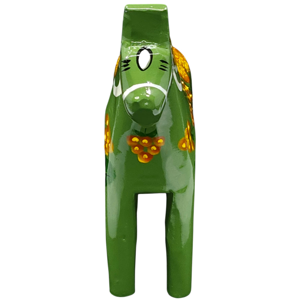 A green hand-painted ceramic Dala Horse: Salenhasten 13cm (5" tall) with yellow flower patterns and white details, shown from the front against a white background, highlighting Swedish craftsmanship.