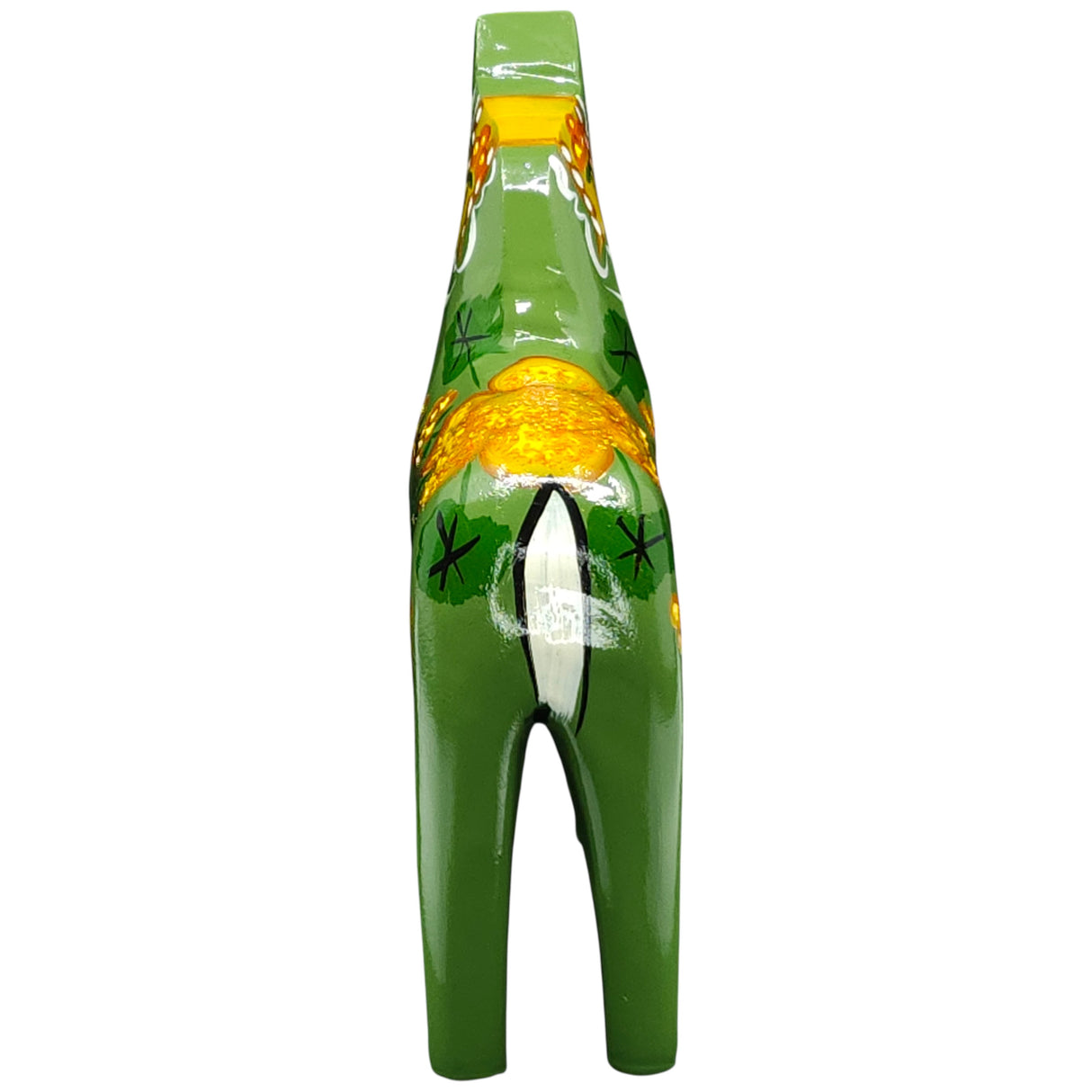 A green Dala Horse: Salenhasten 13cm figurine, viewed from behind, showcases yellow and white floral designs and a glossy hand-painted finish that highlights classic Swedish craftsmanship.