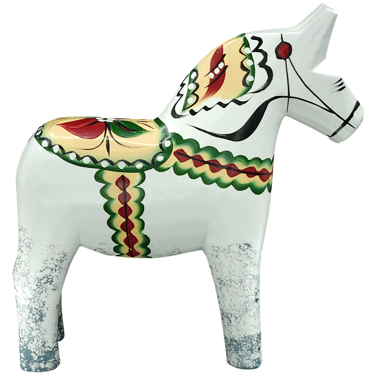 This 17cm antique-inspired Swedish Dala Horse features a hand-carved white design with gray feet and painted green, yellow, and red patterns. Made in Sweden, it captures the timeless charm of traditional Dala horses.