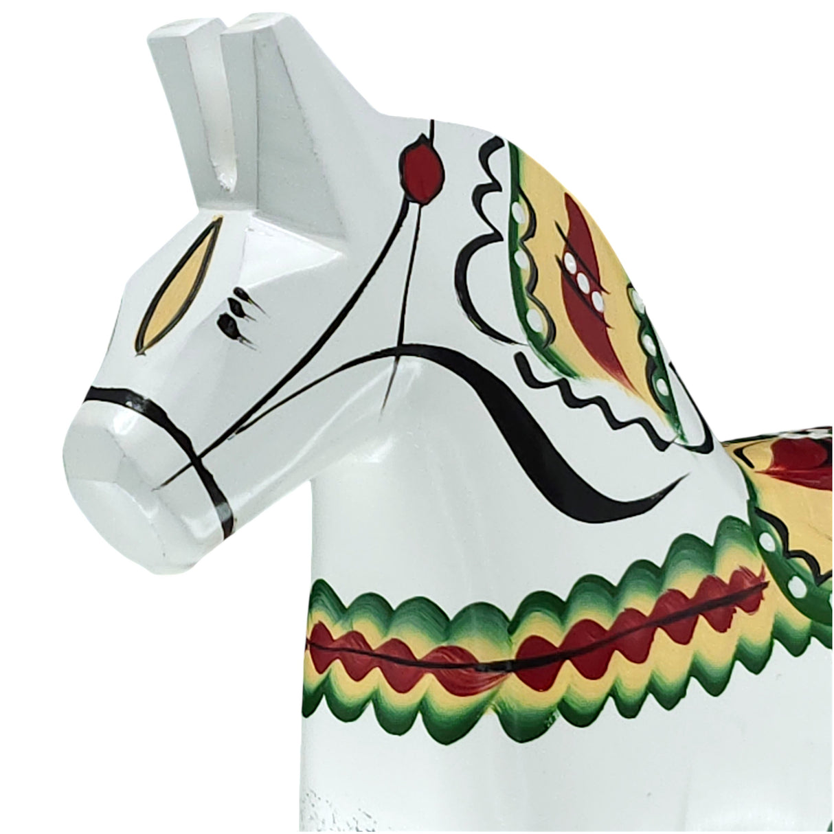 A close-up of the Dala Horse: Antique Inspired Swedish Dala Horse, white with gray feet (17cm), featuring colorful painted patterns—crafted in Sweden.
