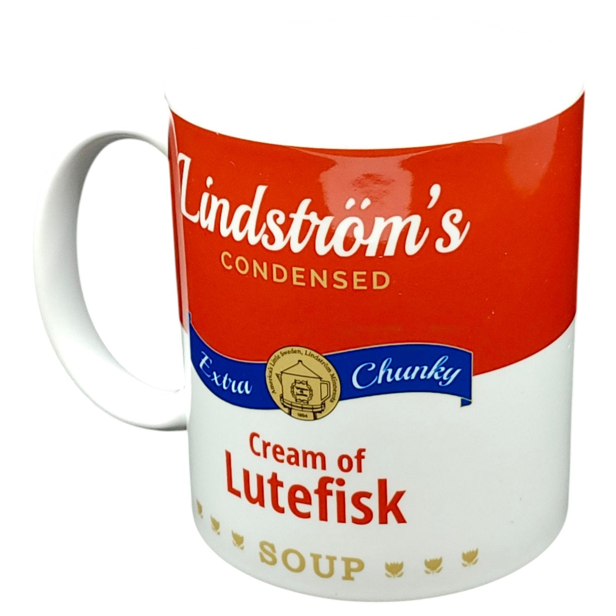 The Coffee Mug: Lindstrom's Cream of Lutefisk Soup (11oz) features a red and white label styled like a canned soup, reading "Lindström’s Condensed Extra Chunky Cream of Lutefisk Soup." A quirky Swedish-American souvenir from Lindstrom, Minnesota.
