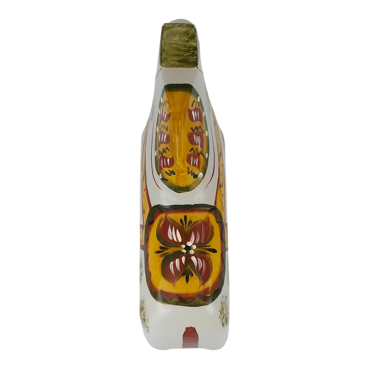 Hand-painted Dala horse wooden shoe viewed from above, decorated with yellow, orange, red, green, and white floral and geometric patterns.