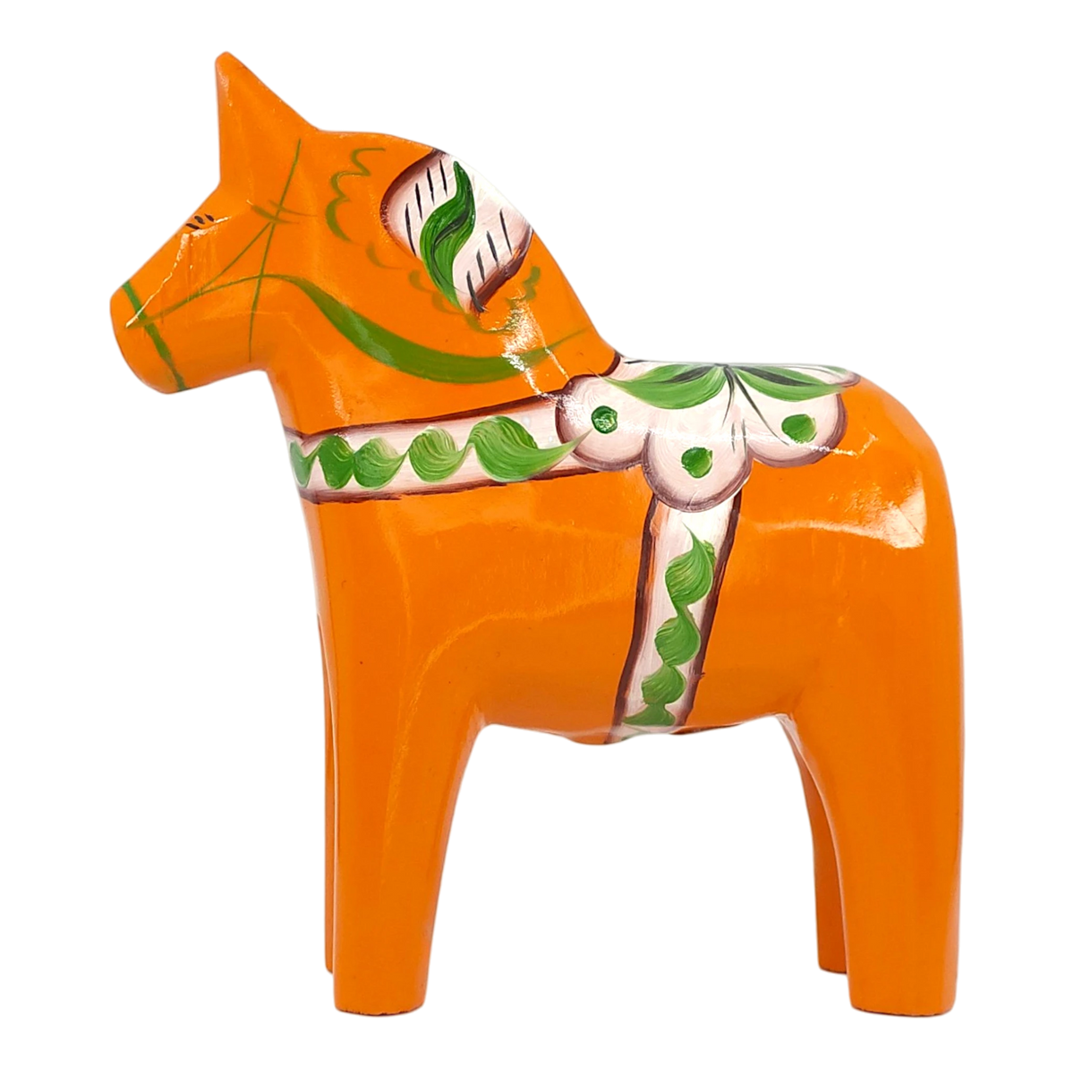 Orange Swedish Dala horse with green, white, and pink painted patterns, shown on a plain white background.